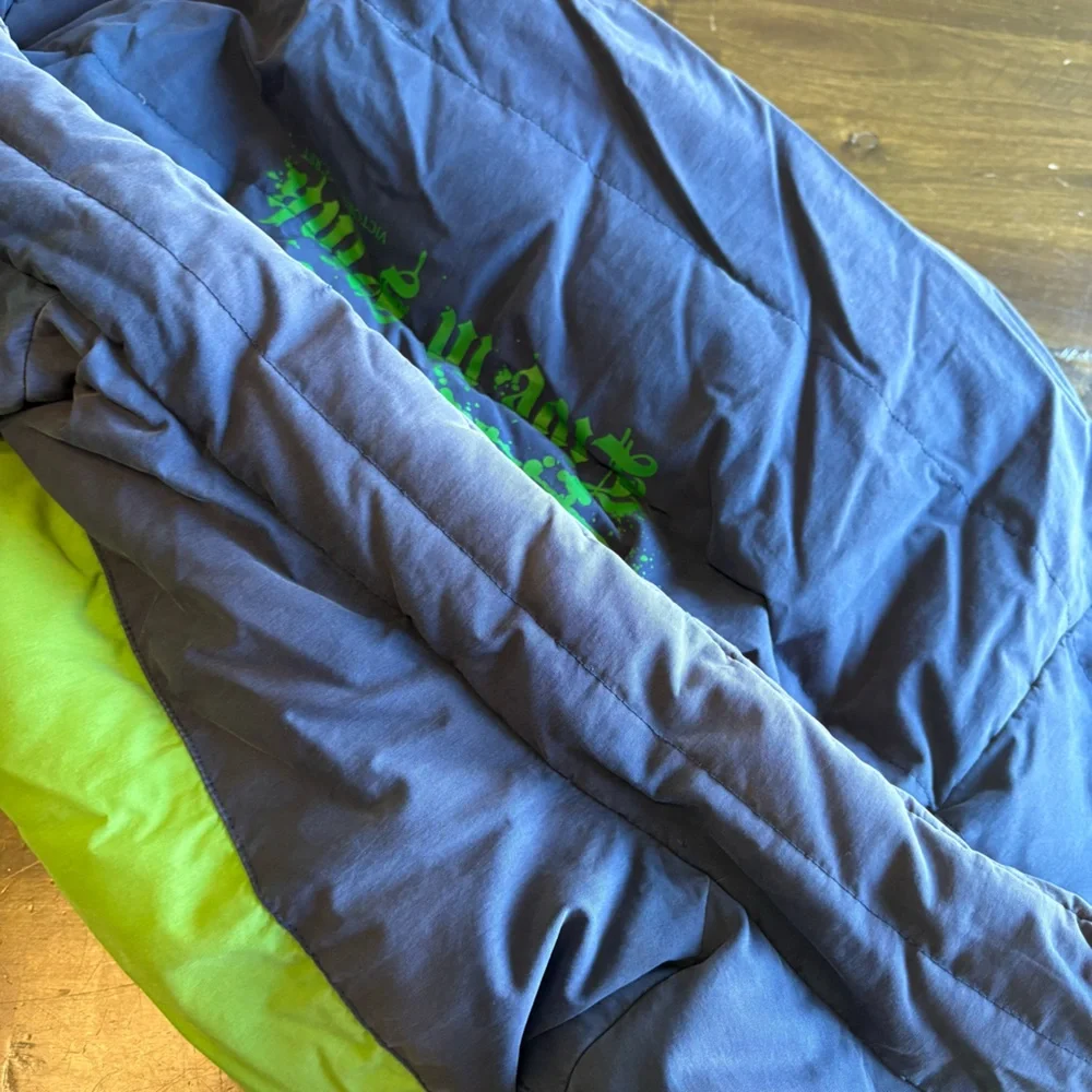 Y2K PINK VS Down Puffer Vest Quilted Reversible Blue Green Stripe Crest XS S VTG